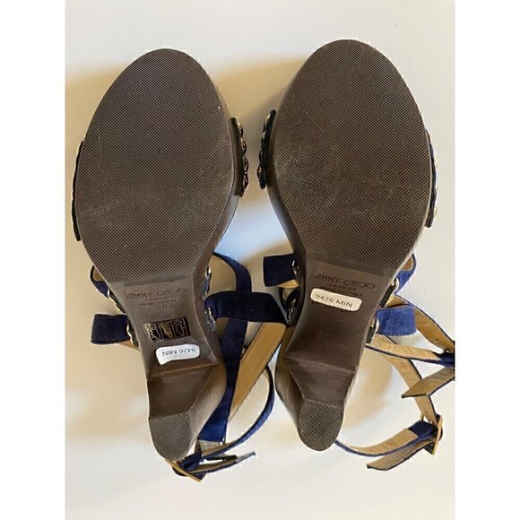 Jimmy Choo Suede Studded Unity Platform Sandals Heels 38 US 8 Blue Gold Strappy - Picture 9 of 16